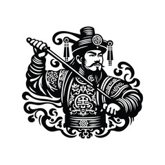 chinese warior male with victorian flourish decoration in black and white illustrations, cutout graphic