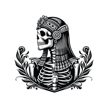 recommend clip art: cleopatra skeleton with victorian flourish decoration in black and white illustrations, cutout graphic