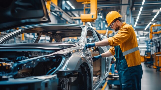 Engineer worker in automotive factory car manufacturing process, assembly line production
