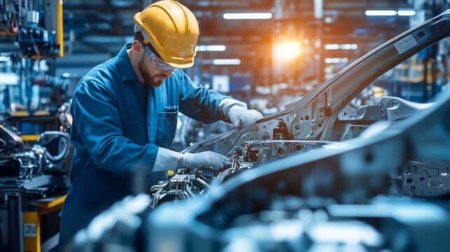 Engineer worker in automotive factory car manufacturing process, assembly line production