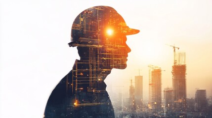 Engineering worker future industry double exposure city concept construction building city development planning innovation contractor technician architect city background