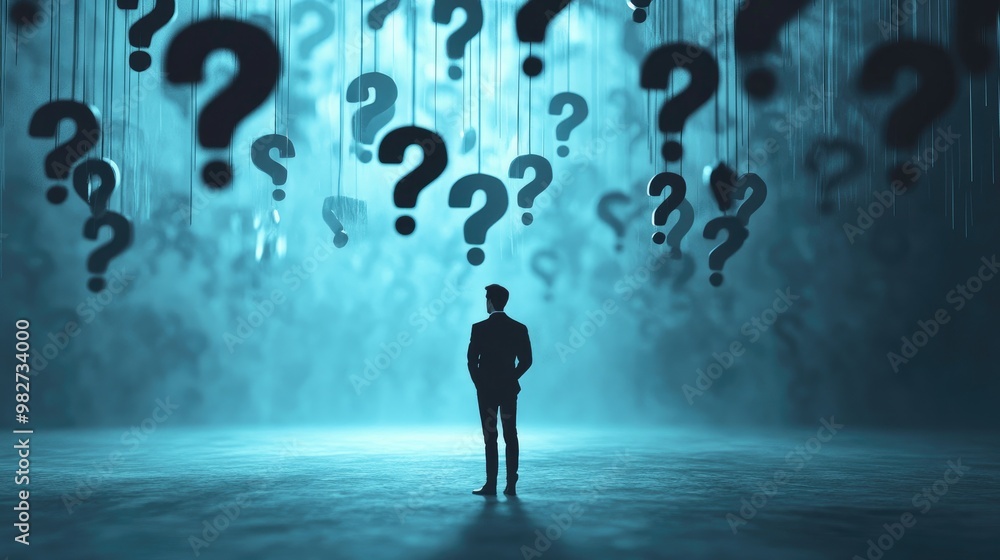 Poster businessman deep in thought, surrounded by hanging question marks in a conceptual setting, symbolizi