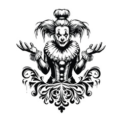 Fototapeta premium crazy clown female with victorian flourish decoration in black and white illustrations, cutout graphic