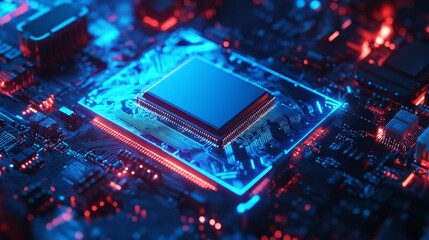 A chip with blue and red glowing lights on the circuit board