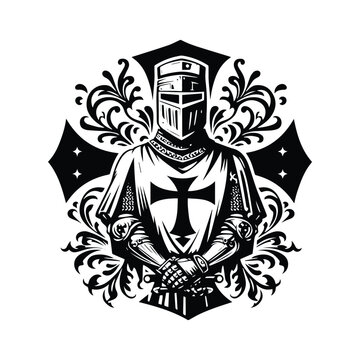 Crusader Templars Knights male with victorian flourish decoration in black and white illustrations, cutout graphic black and white illustration
