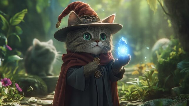 Cat dressed as a wizard, holding a luminous crystal, blending fantasy and magic in an enchanting setting.