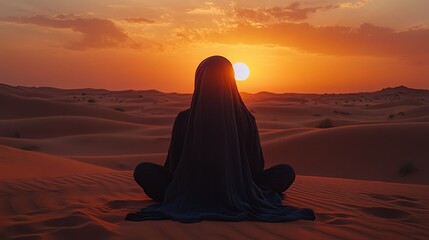 woman in hijab wandering through the desert at sunset embracing the freedom of travel and the beauty of the vast open landscape