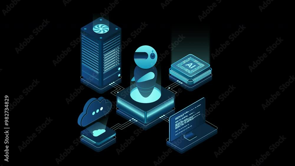 Poster artificial intelligence robot animation. system analysis. big data processing. machine learning tech