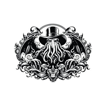 recommend clip art: Cthulu creature with victorian flourish, in black and white illustrations, cutout graphic
