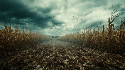 Fototapeta premium The wind blowing through a desolate cornfield, creating a suspenseful atmosphere as dry leaves rustle and a foreboding presence seems to linger in the air.