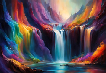 A waterfall of liquid colors cascading over a fantastical, otherworldly landscape, symbolizing creative flow.