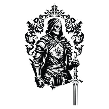 recommend clip art: death knight with victorian flourish decoration in black and white illustrations, cutout graphic