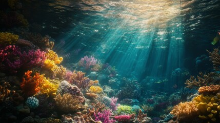 Fototapeta premium A coral reef with sunlight filtering through the water, highlighting the vivid colors and complex formations of the corals
