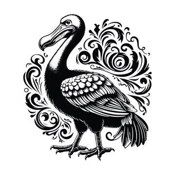 recommend clip art: Dodo with victorian flourish decoration in black and white illustrations, cutout graphic