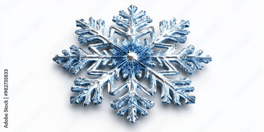 Poster detailed 3d-rendered snowflake with a frosty blue sheen, featuring intricate patterns and a subtle s
