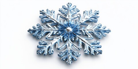 Detailed 3D-rendered snowflake with a frosty blue sheen, featuring intricate patterns and a subtle shadow, on a white background