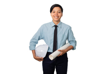 Asian female engineer stands confidently, holding blueprints, ready to oversee a project. Isolated...
