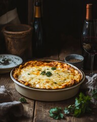 Delectable Italian Pizza Dish with Gooey Cheese and Fresh Herbs on a Rustic Wooden Table
