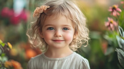 small child in the garden surrounded by flowers and greenery exploring nature and enjoying the fresh air and outdoor play