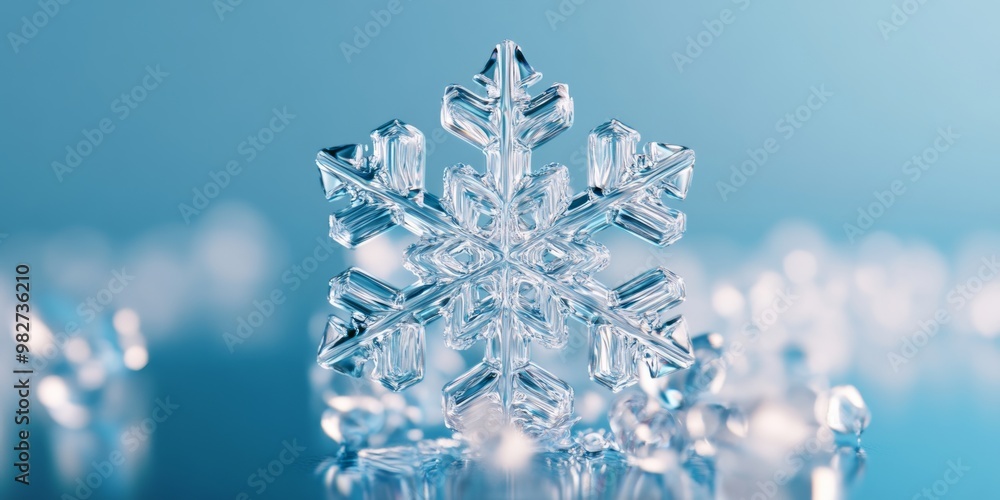 Poster detailed 3d-rendered snowflake with a translucent, icy texture and subtle reflections, floating agai