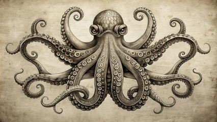 Vintage of an octopus with intricate details in black and white, marine life, sea creature, nautical, underwater