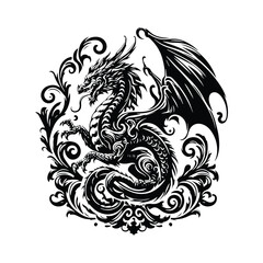 Obraz premium dragon with victorian flourish, in black and white illustrations, cutout graphic