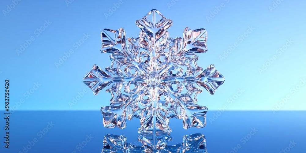 Poster detailed 3d-rendered snowflake with a translucent, icy texture and subtle reflections, floating agai