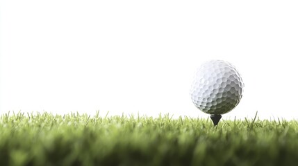 Clean shot of a golf ball on a tee with green grass, isolated against a white background, showcasing simplicity and focus on the sport.