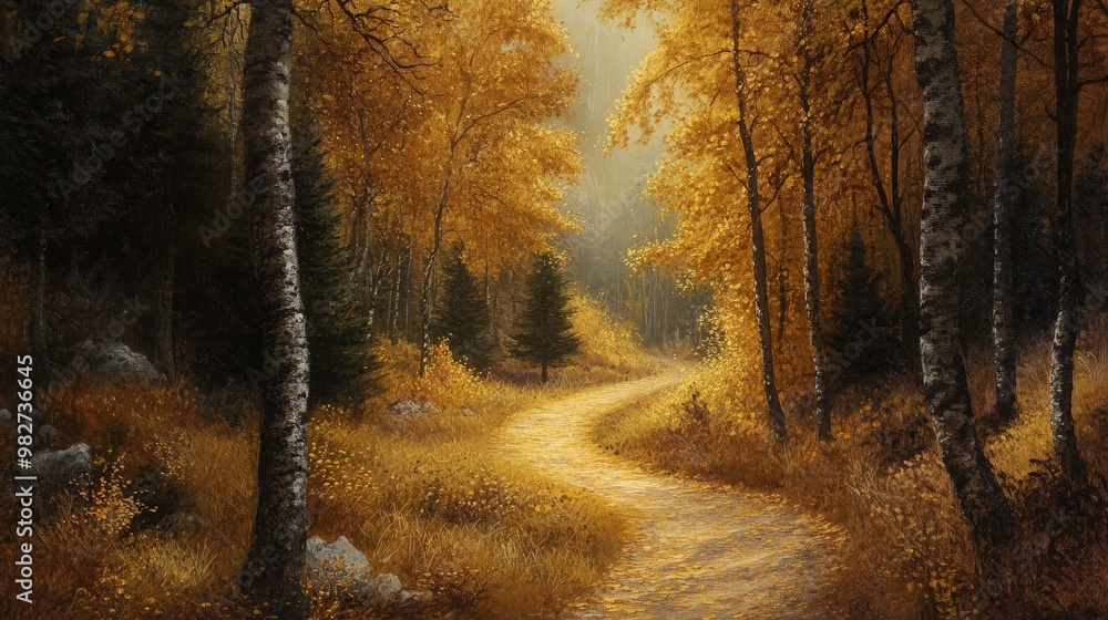 Poster depict a lone path winding through an autumn forest with trees shedding their golden leaves, creatin