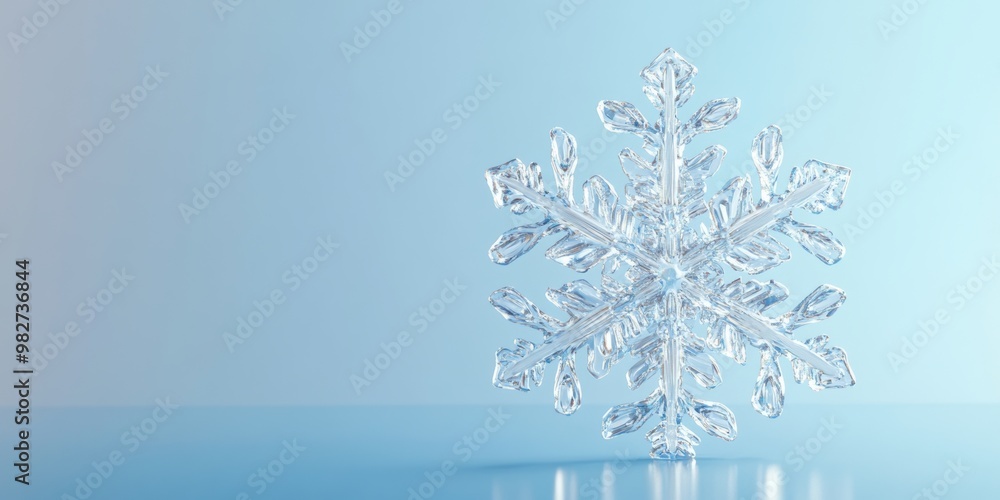 Poster detailed 3d-rendered snowflake with a translucent, icy texture, floating against a gradient blue bac