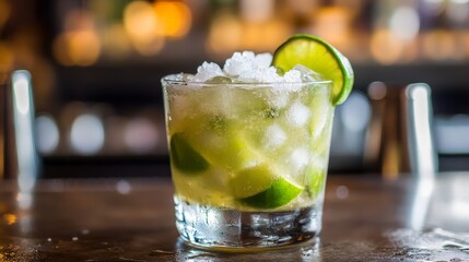 Depict a refreshing caipirinha, with its muddled limes and sugar, served in a rocks glass with plenty of ice.