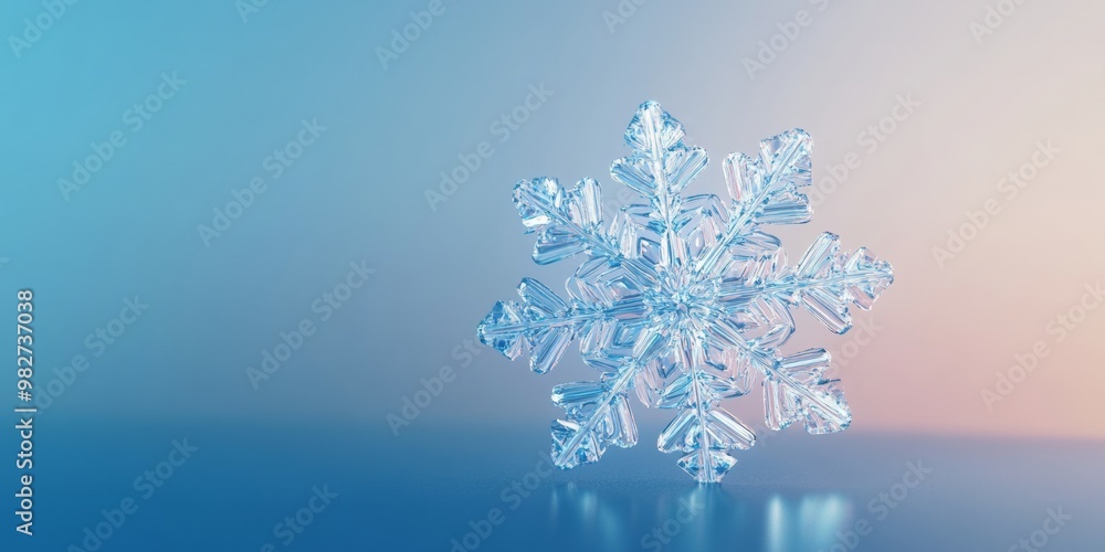 Poster detailed 3d-rendered snowflake with a translucent, icy texture, floating against a gradient blue bac