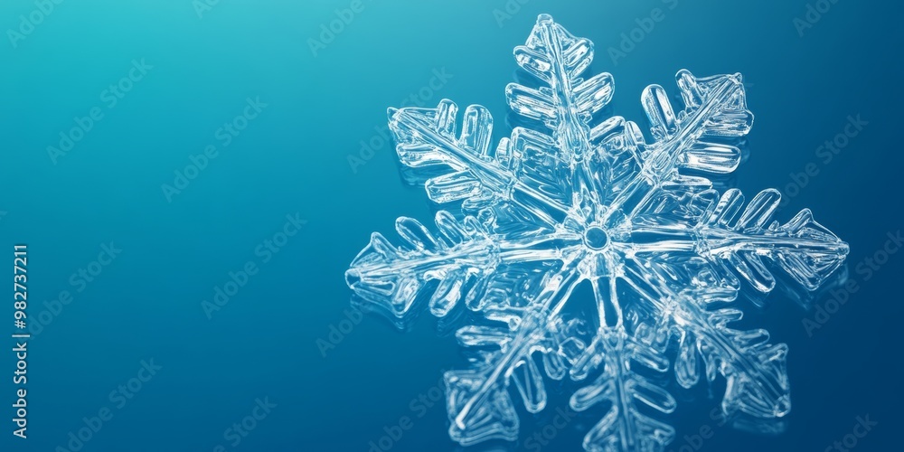 Poster detailed 3d-rendered snowflake with a translucent, icy texture, floating against a gradient blue bac