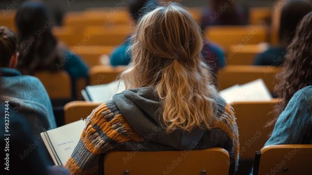 Poster depict a student sitting in a lecture hall, surrounded by other students with notebooks open, ready 