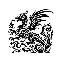 Obraz premium fire dragon with victorian flourish decoration in black and white illustrations, cutout graphic