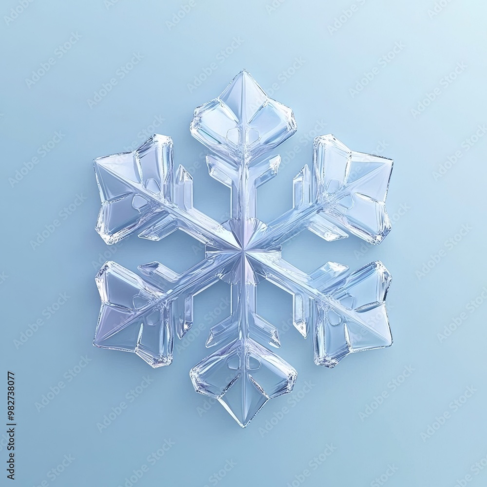 Poster elegant 3d snowflake with a crystal-clear texture and subtle reflections, isolated on a soft blue ba
