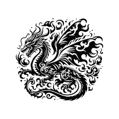 fire dragon with victorian flourish decoration in black and white illustrations, cutout graphic