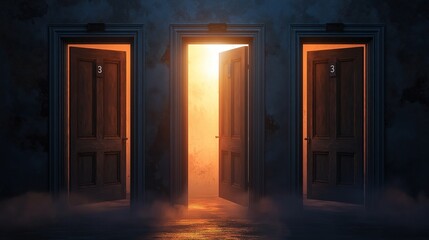 three doors, each slightly open, mysterious, light, magical.
