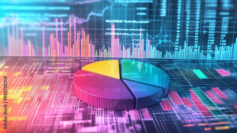 Aufkleber A creative composition of various pie charts and financial graphs overlaying a stock market background, emphasizing financial analysis and trends.