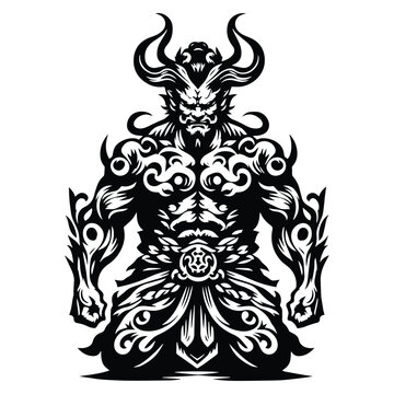 Fujin with victorian flourish decoration in black and white illustrations, cutout graphic
