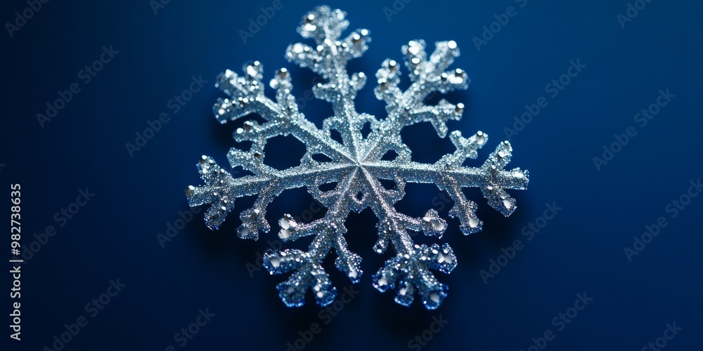 Poster elegant 3d snowflake with a sparkling, metallic texture, isolated on a deep blue background with a s