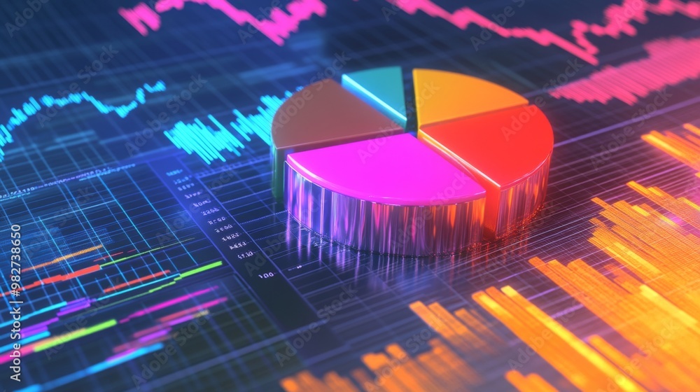 Aufkleber A creative composition of various pie charts and financial graphs overlaying a stock market background, emphasizing financial analysis and trends.