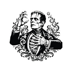 frankenstain with victorian flourish, in black and white illustrations, cutout graphic