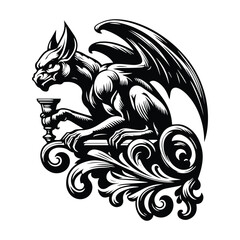 Obraz premium gargoyle creature with victorian flourish decoration in black and white illustrations, cutout graphic black and white illustration