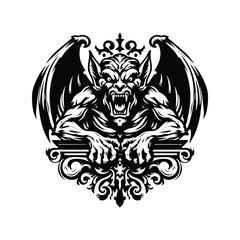 Obraz premium gargoyle creature with victorian flourish in black and white illustrations, cutout graphic black and white illustration