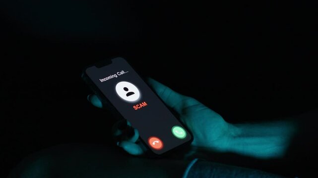 The phone displays "SCAM" as the user rejects the call, focusing on actively avoiding potential fraud.