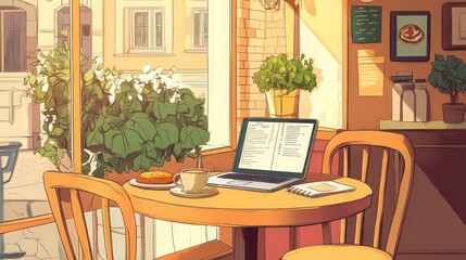 Illustrate a digital nomad set up in a charming European with a laptop and notebooks spread out on a small table, enjoying a pastry and coffee.