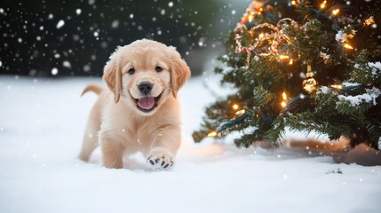 Golden retriever puppy frolicking in the snow next to a lit Christmas tree, joyful and playful energy, dog Christmas celebration, winter fun