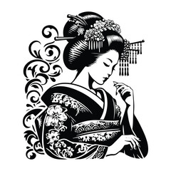 geisha with victorian flourish decoration in black and white illustrations, cutout graphic