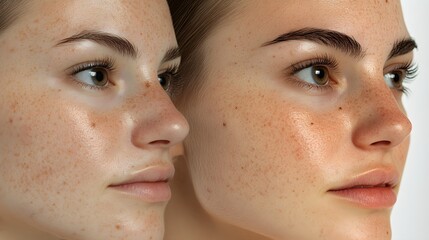 Before-and-after T-zone image, showing significant reduction in blackheads and improved skin clarity, focusing on texture, Realistic, Soft Focus